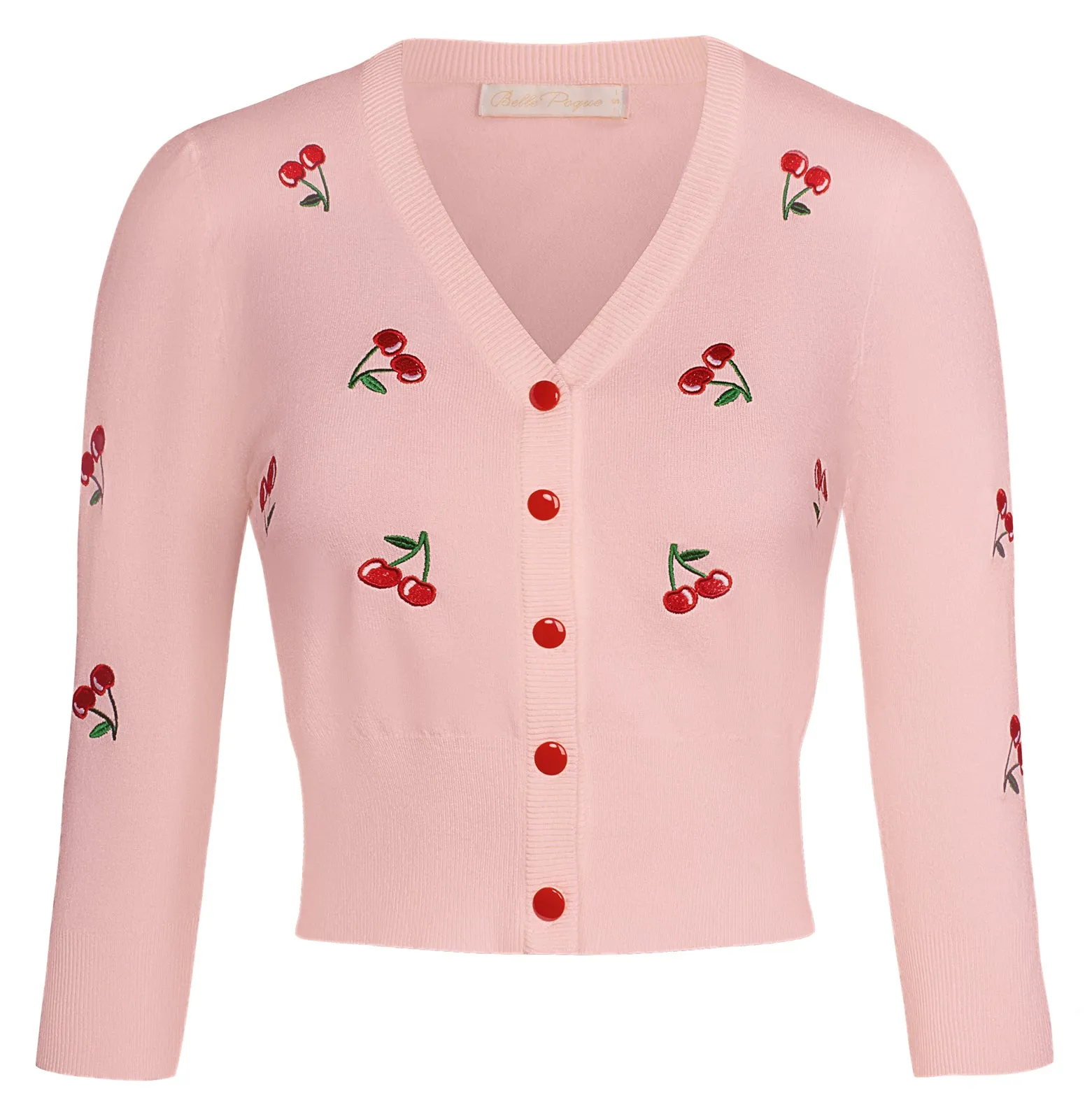 3/4 Sleeve V-Neck Button Down Cherries Embroidery Cropped Cardigan Sweater Coat