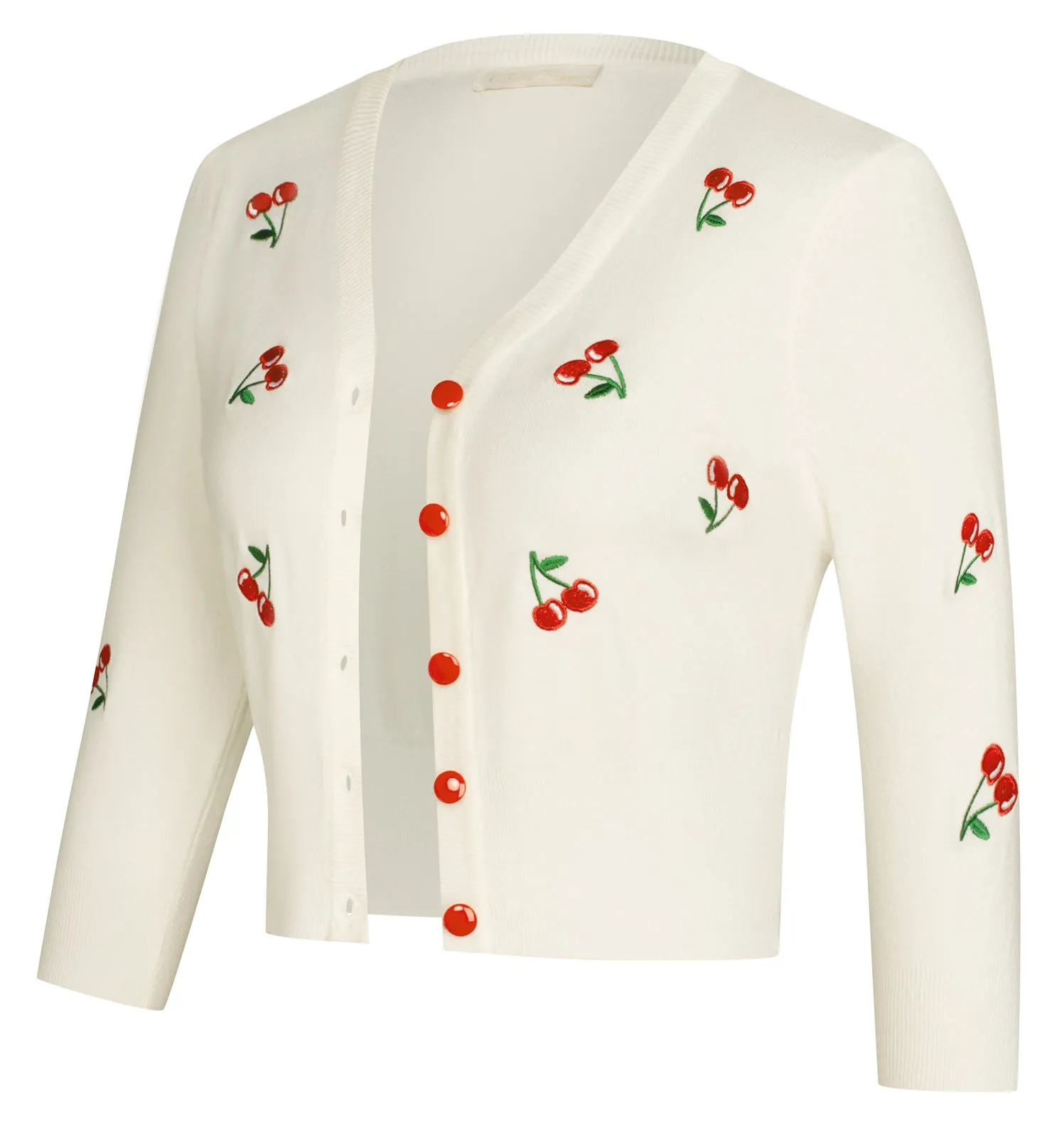 3/4 Sleeve V-Neck Button Down Cherries Embroidery Cropped Cardigan Sweater Coat