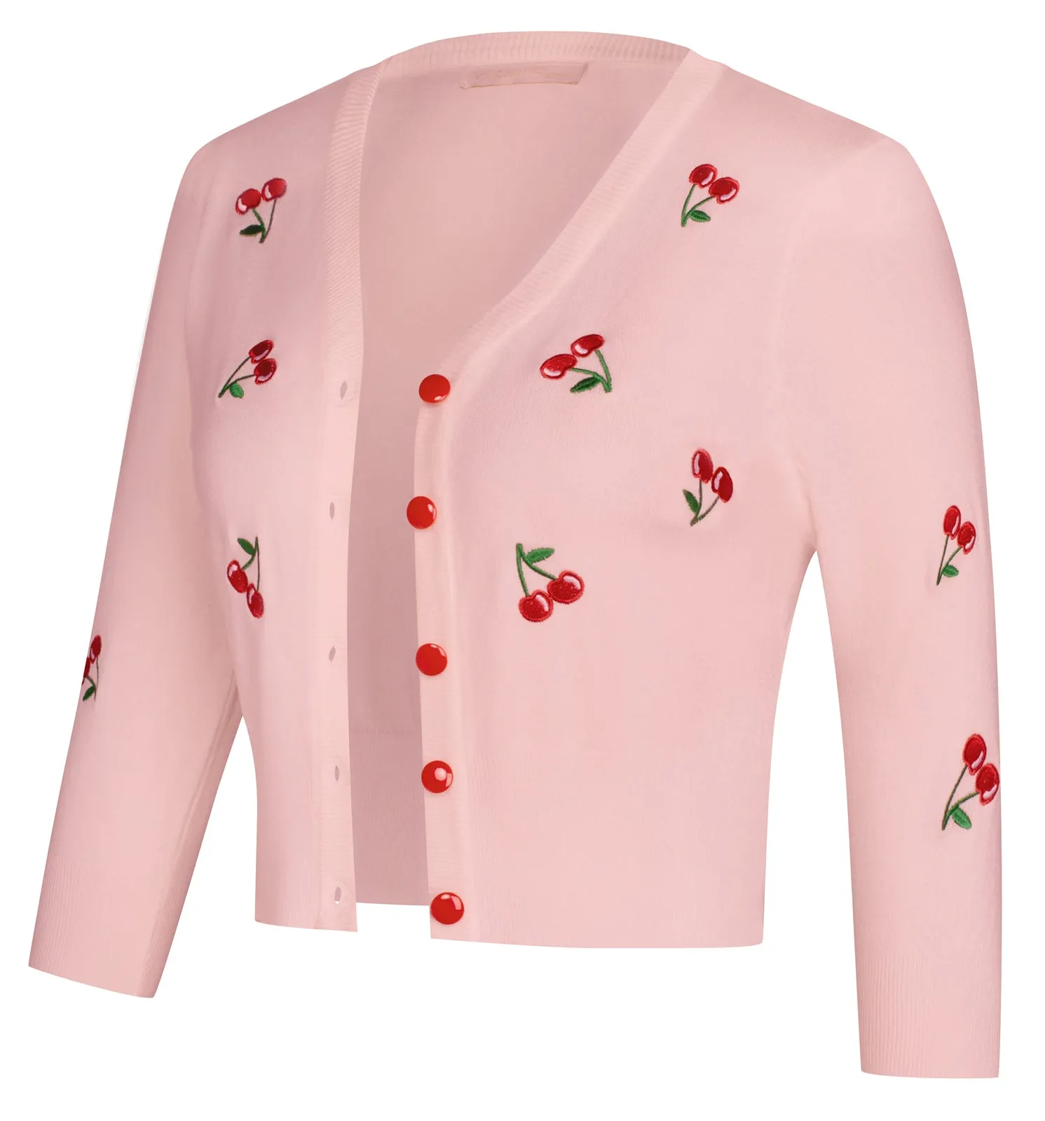 3/4 Sleeve V-Neck Button Down Cherries Embroidery Cropped Cardigan Sweater Coat