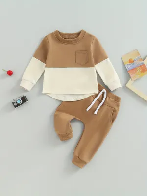 Baby Boys Two-piece Set, Long Sleeve Color Block Sweatshirt & Sweatpants, Casual Comfortable Versatile Autumn Outfits For Daily Wear & Outdoor Sports