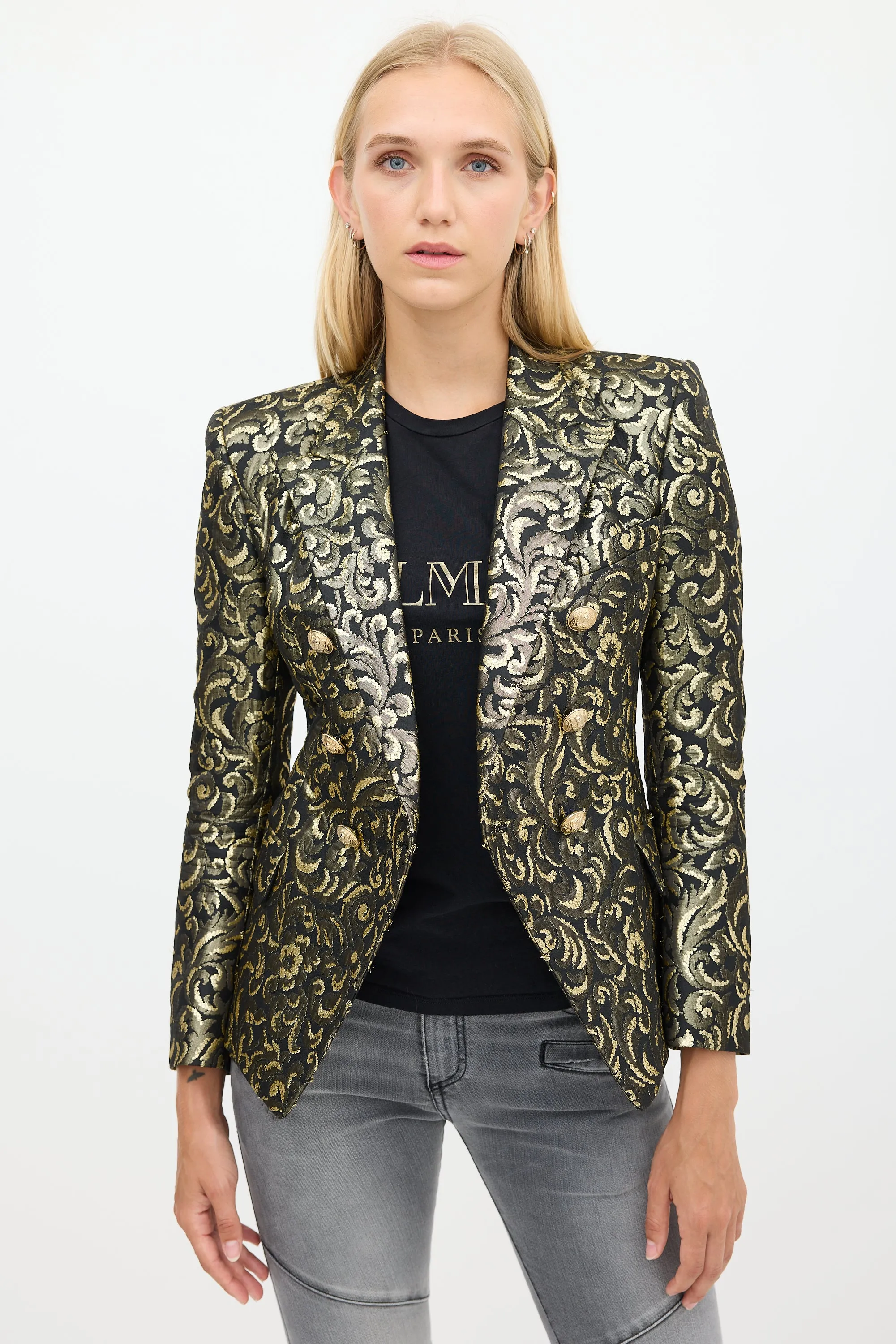 Black & Gold Floral Jacquard Blazer