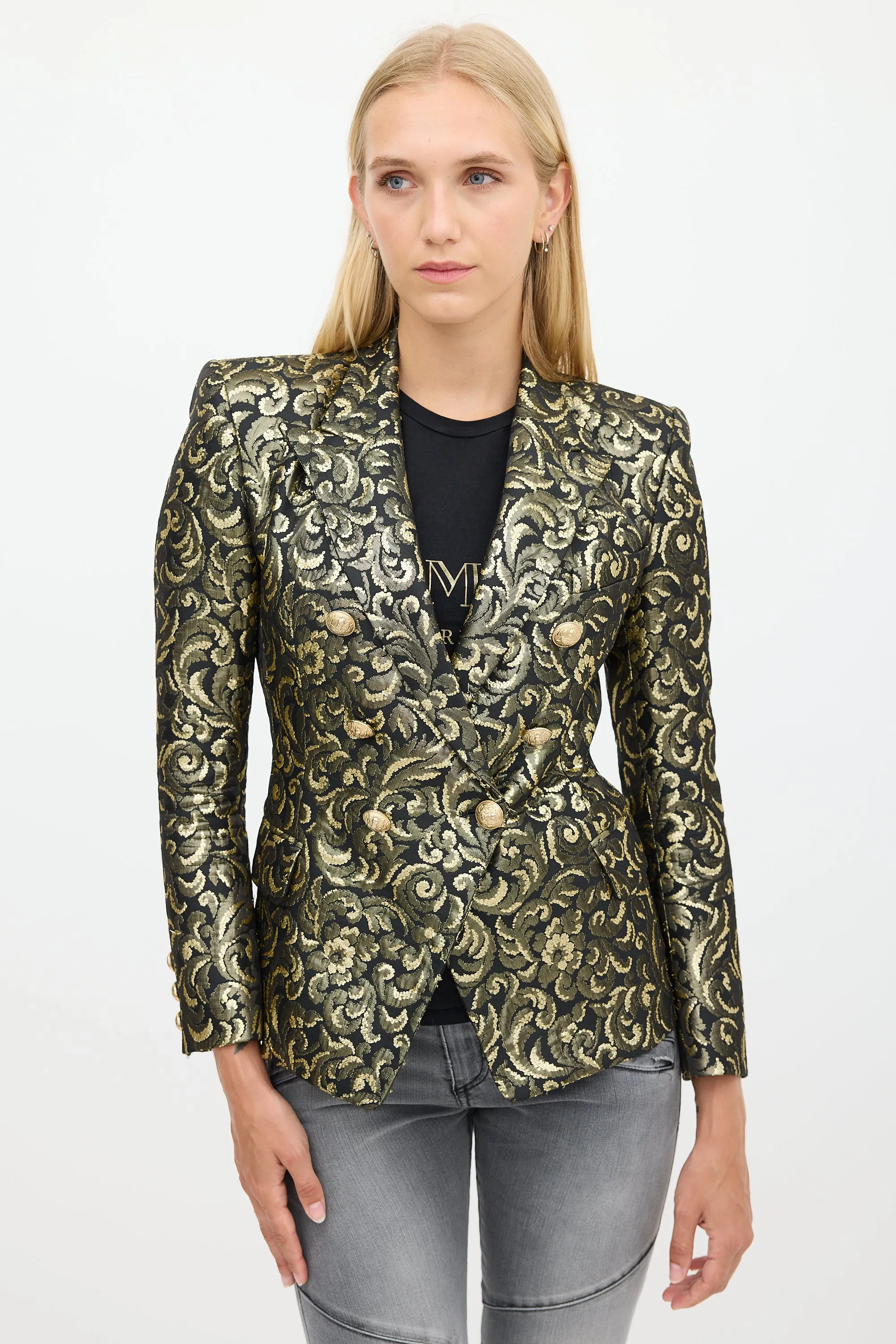 Black & Gold Floral Jacquard Blazer