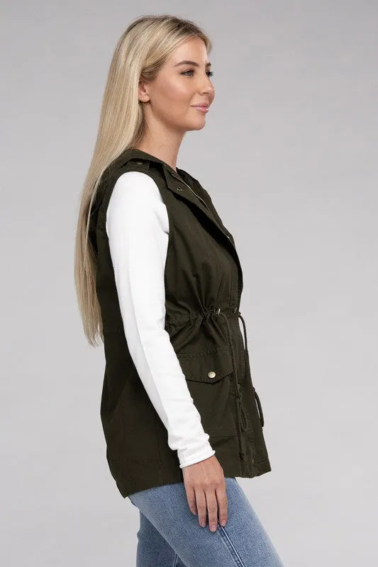 Drawstring Waist Military Hoodie Vest - online exclusive