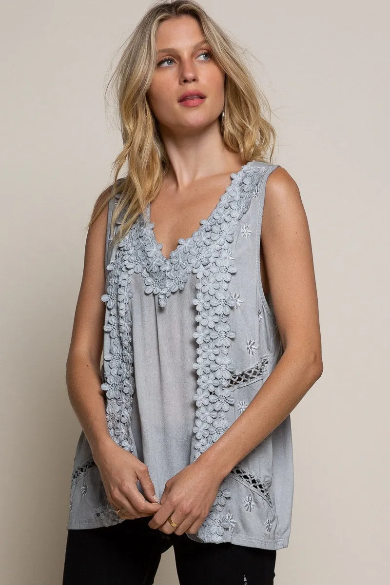 Feminine Floral Embroidered Top, Grey