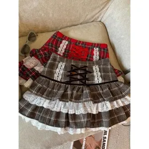 Girlary Kawaii Ruffle Lace Plaid Skirts Women Sweet Elegant Mini Skirt Cutecore Autumn Winter Patchwork A-line Short Skirts