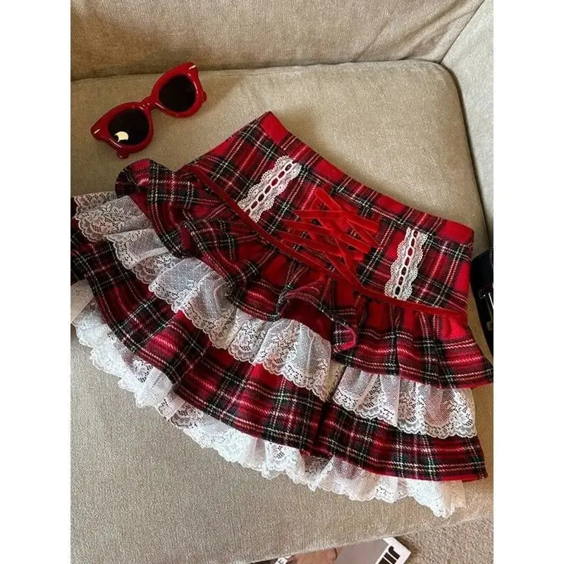 Girlary Kawaii Ruffle Lace Plaid Skirts Women Sweet Elegant Mini Skirt Cutecore Autumn Winter Patchwork A-line Short Skirts