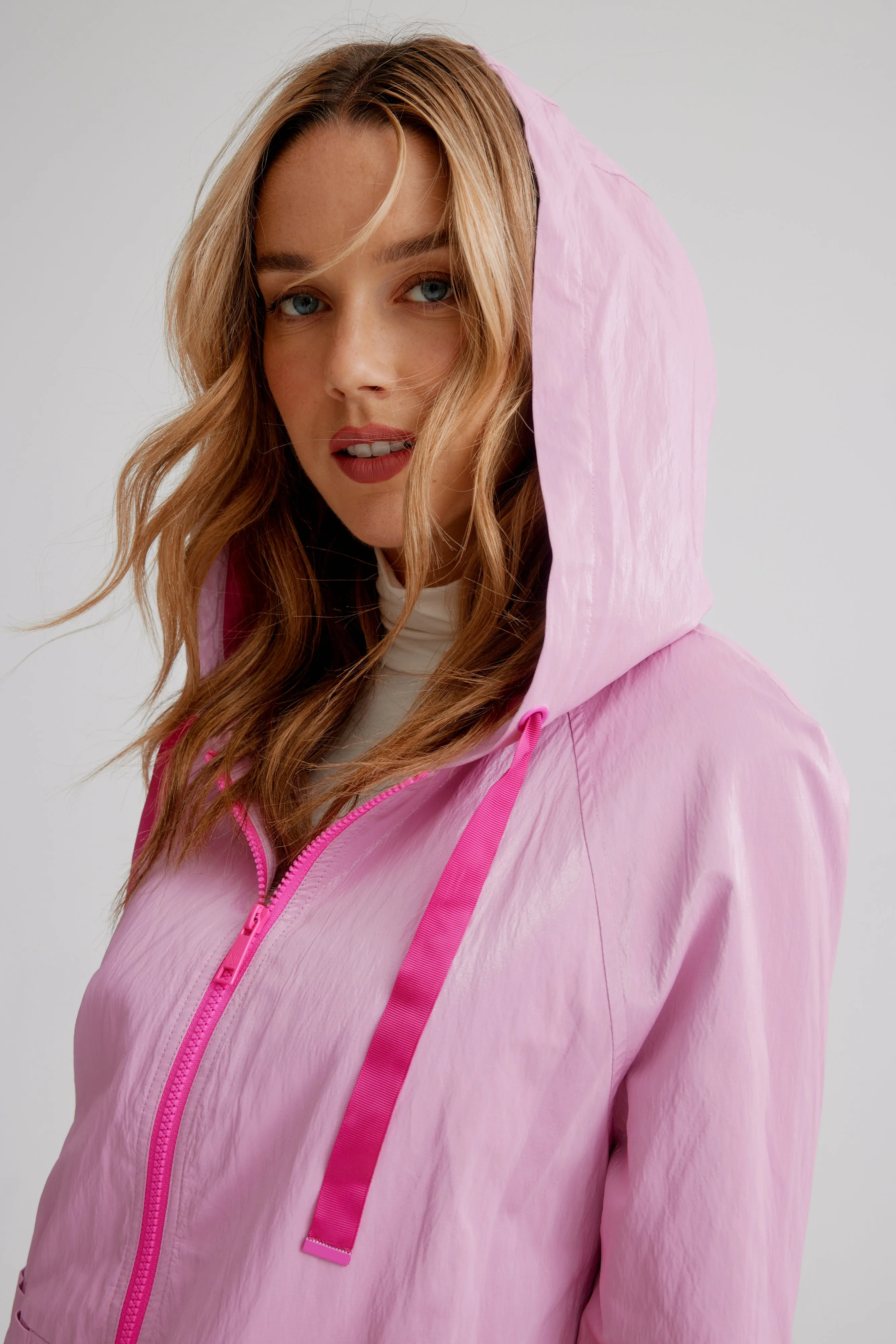 Hi-Lo Hooded Jacket In Soft Luster Sheen W/ Pocket Inserts