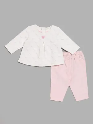 HOP Baby Heart Patterned White Top with Plain Pink Pants