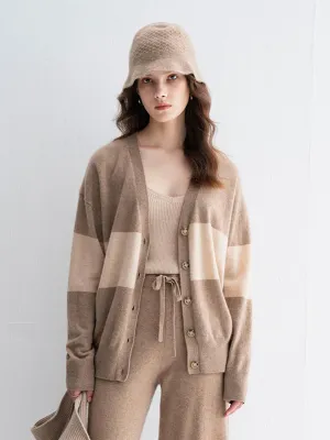 Khaki Casual Long-Sleeve Cashmere Cardigan