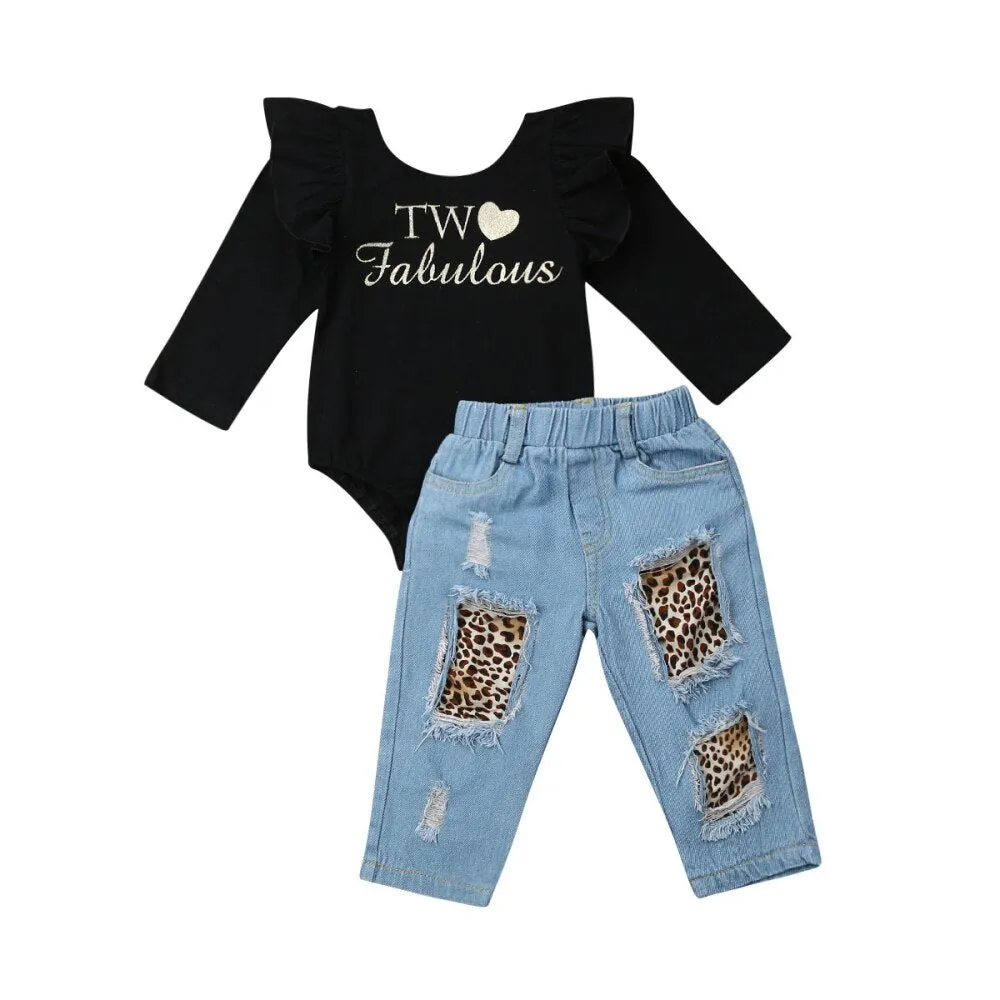 Letter Long Sleeve Ruffle Leotard Denim Pants Set For Girls