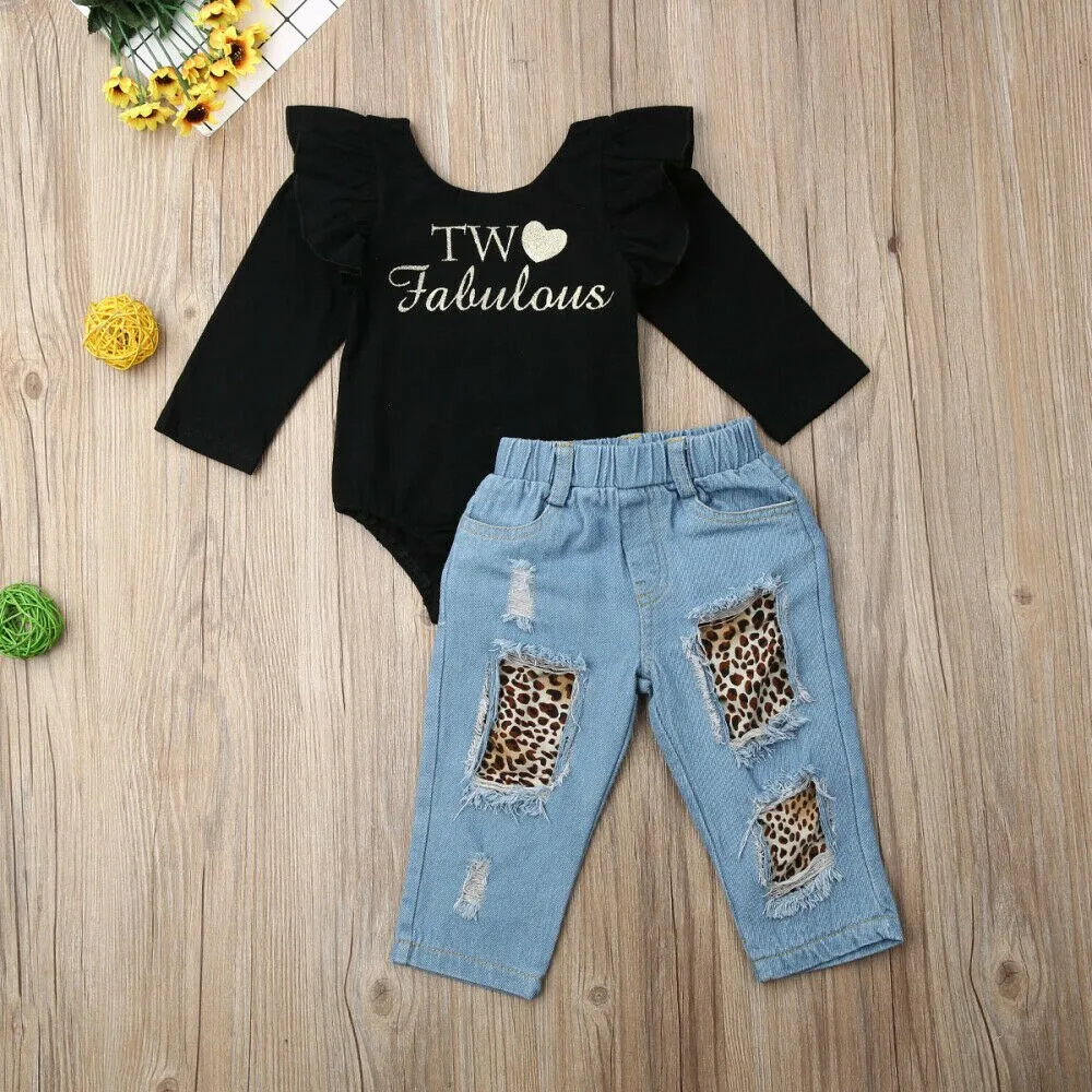 Letter Long Sleeve Ruffle Leotard Denim Pants Set For Girls