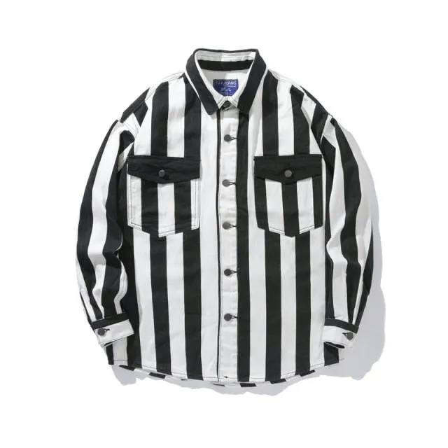 Long Sleeves Vertical Striped Solid Color Shirt