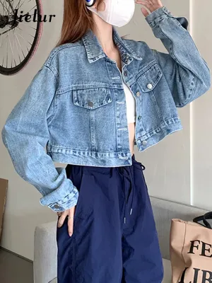 Metaversmall Blue Denim Women's Short Jacket Fall Korean New Fashion High Waist Short Coat Women Retro High Street Coats Female S-XL