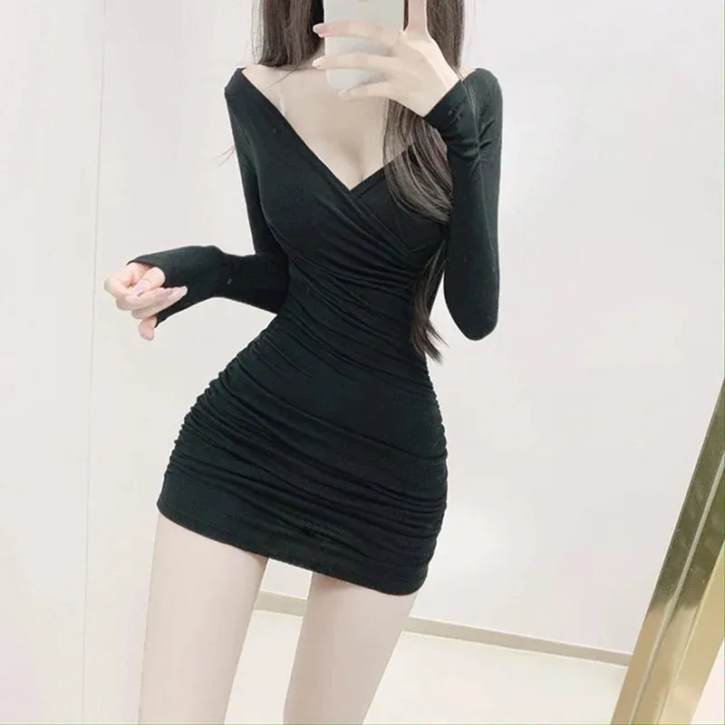 Mini Korean Women's Blue Long Sleeve White Dress 2021 Summer Tops Blue Sexy V Neck Short Thin Body Tight Hip Dresses Girl KJ2O