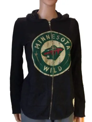 Minnesota Wild Retro Brand Women Black Quad Blend Zip Up Hoodie Jacket