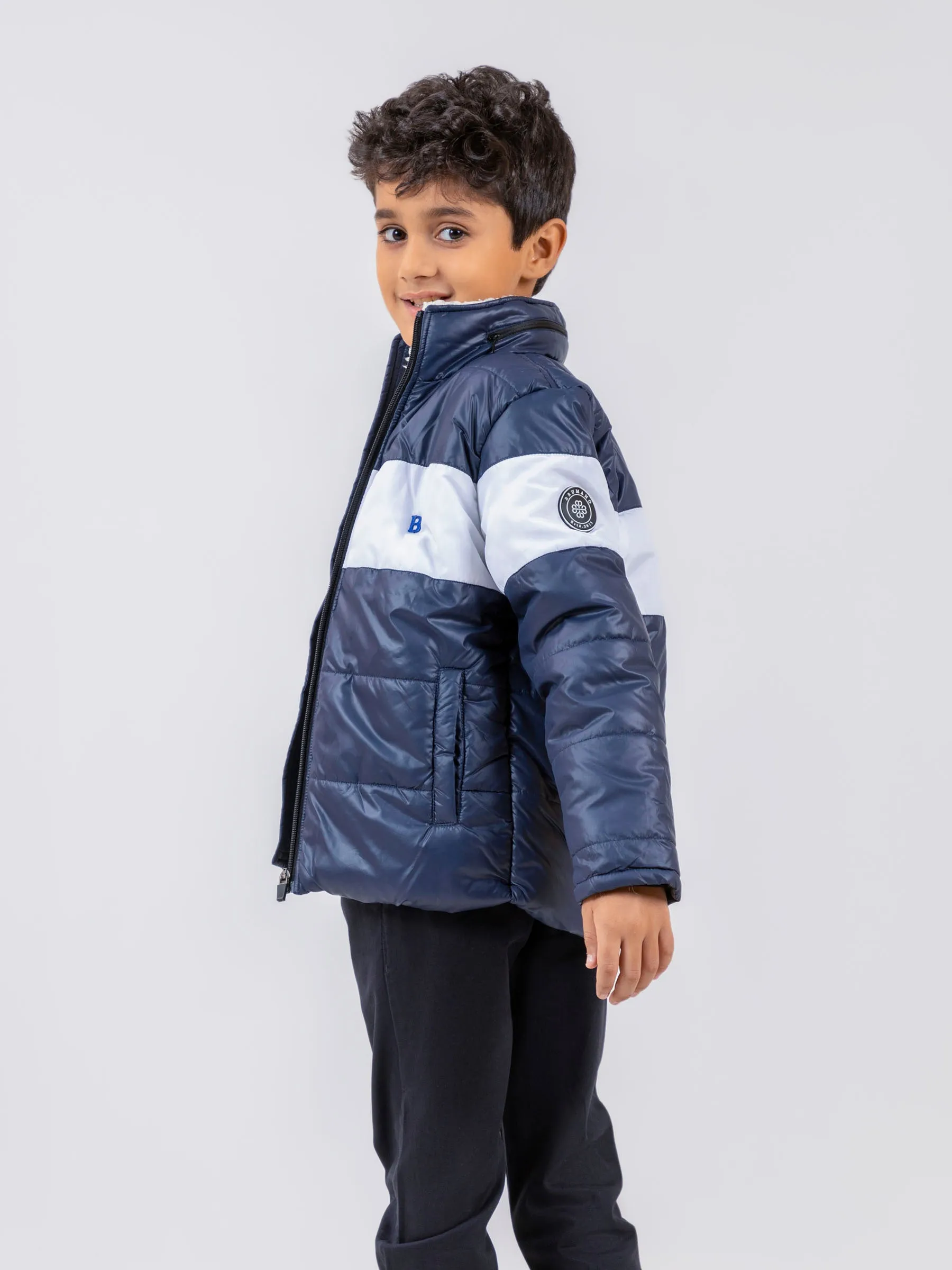 Navy Blue & White Casual Puffer Jacket With Sherpa & Hidden Hoodie