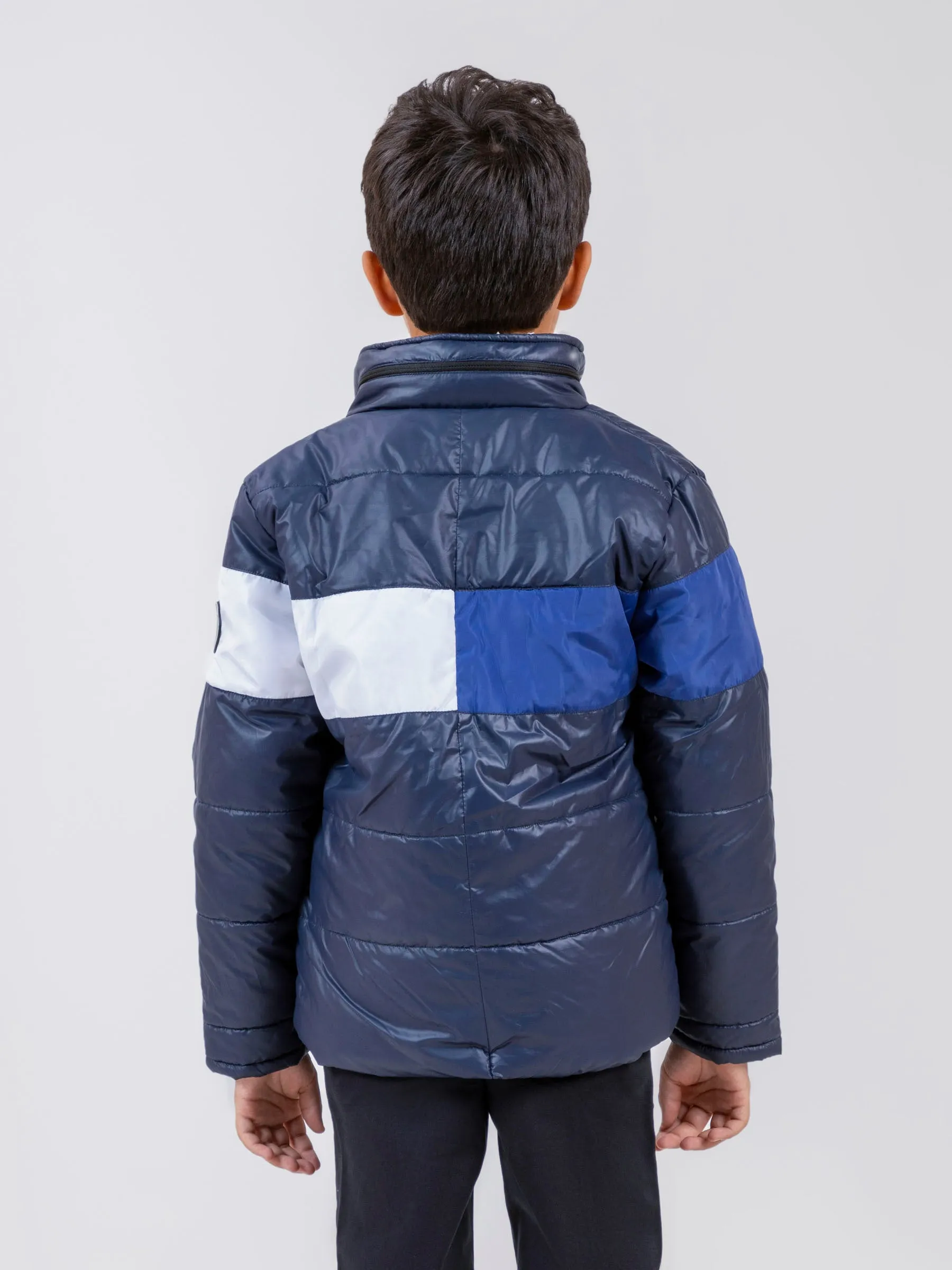 Navy Blue & White Casual Puffer Jacket With Sherpa & Hidden Hoodie