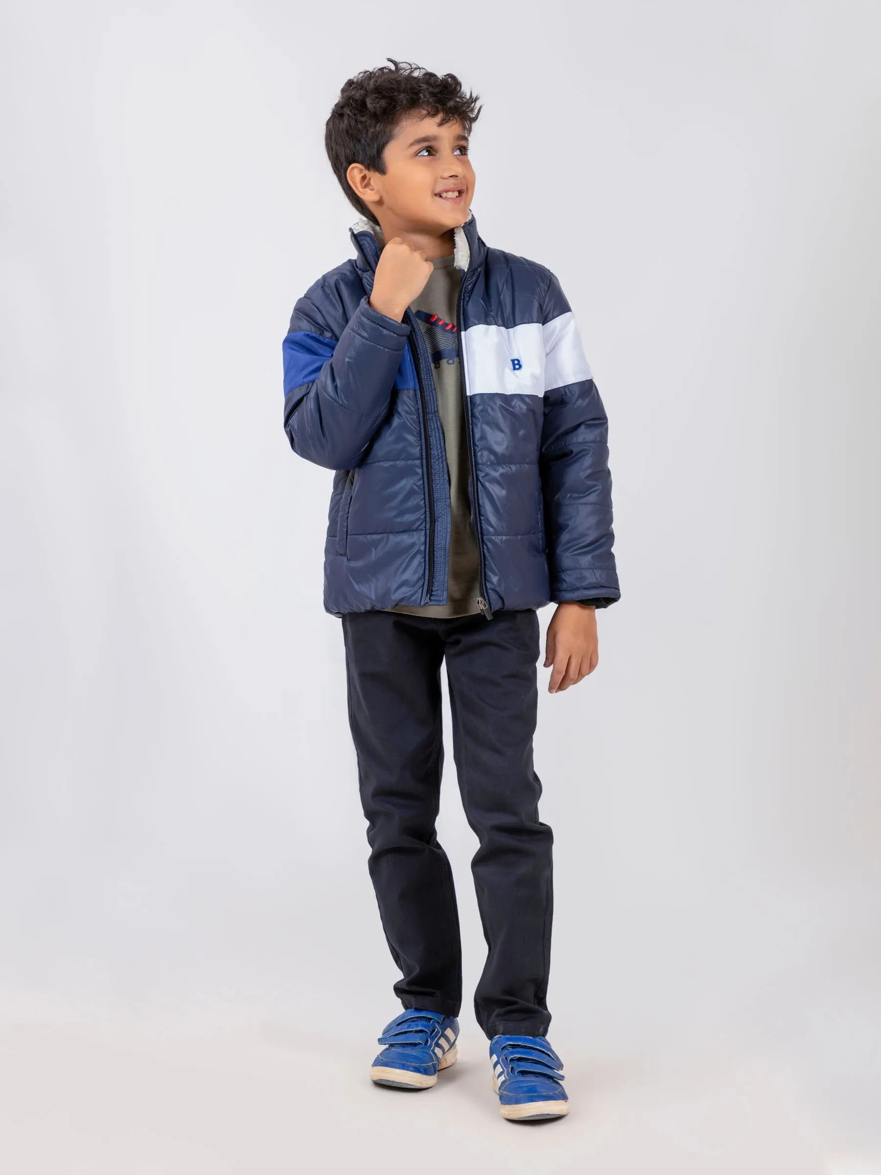 Navy Blue & White Casual Puffer Jacket With Sherpa & Hidden Hoodie