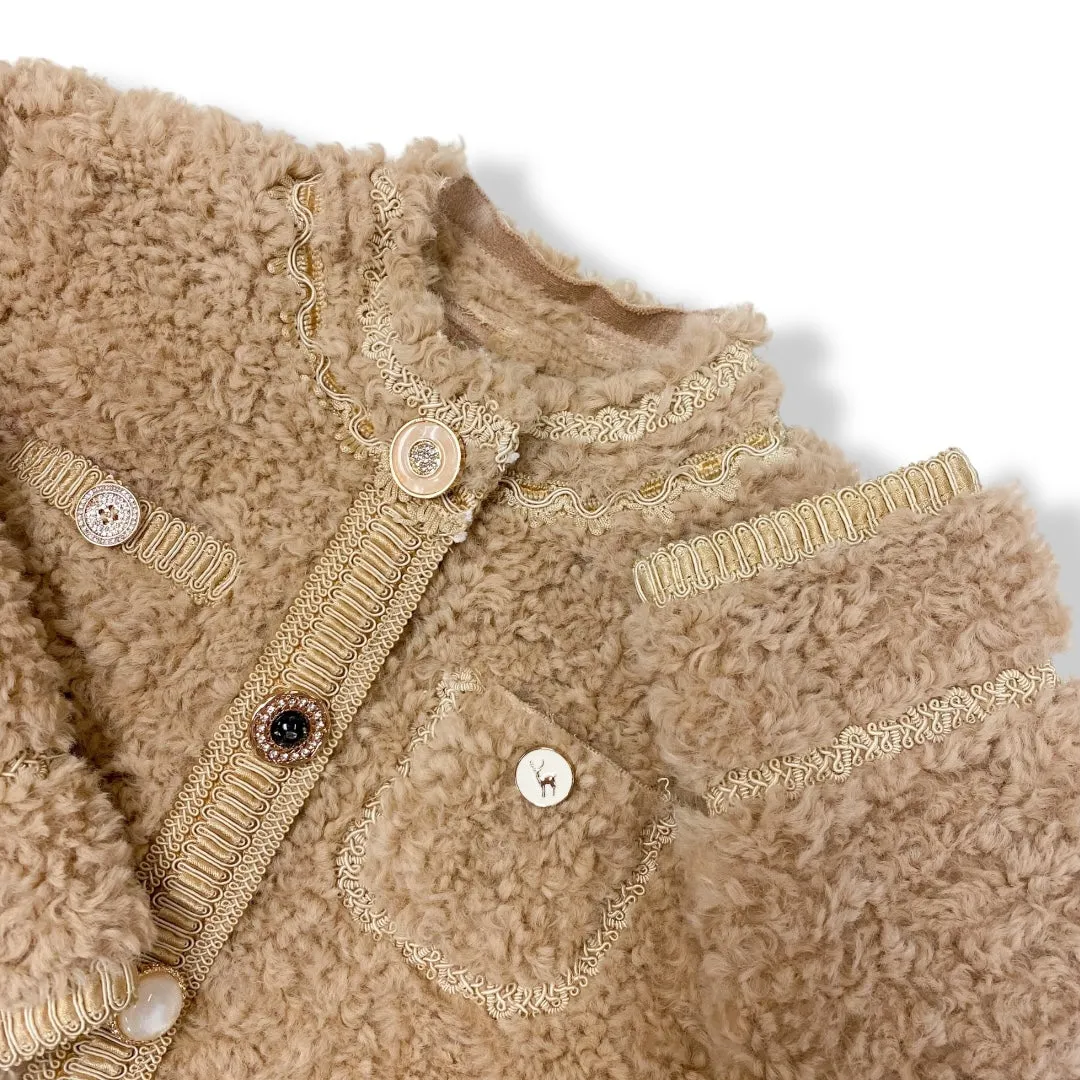 Novelty Buttons Boucle Coat - Camel