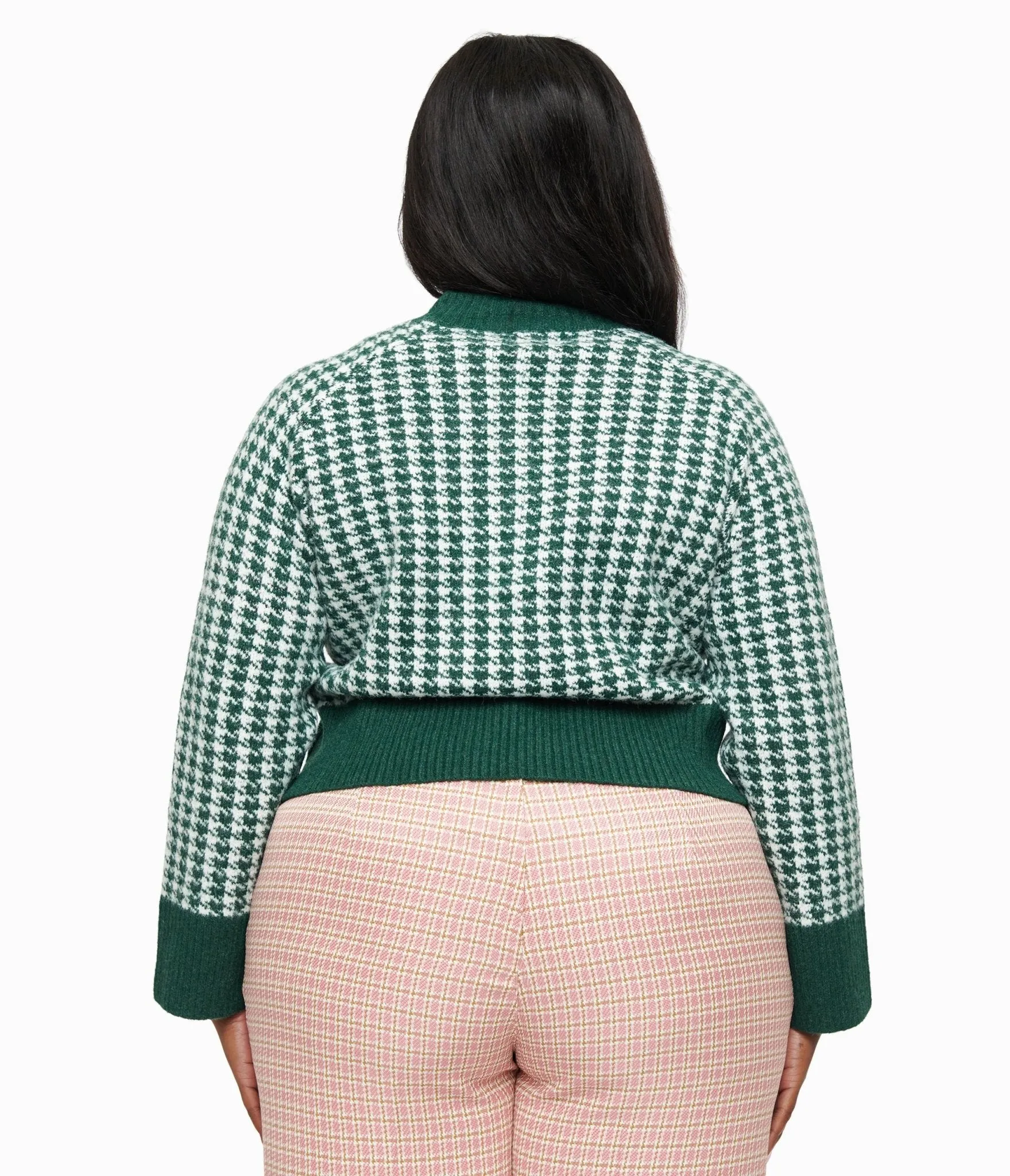 Plus Size 1950s Green & White Houndstooth Hattie Cardigan