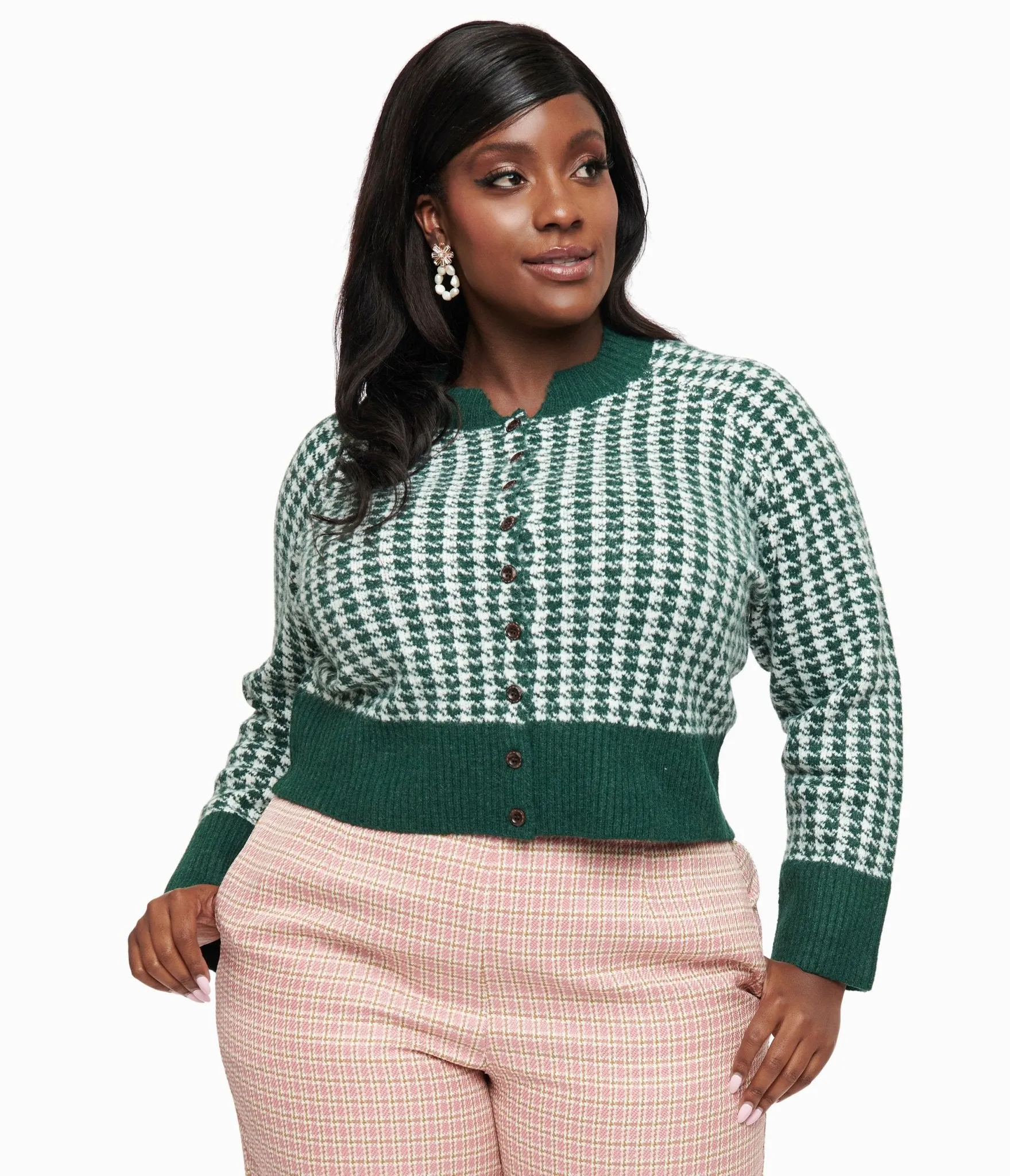 Plus Size 1950s Green & White Houndstooth Hattie Cardigan