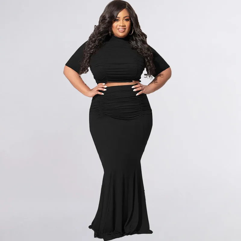 Plus Size Solid Color Short Sleeve Casual Two-Piece Suit Women Suit