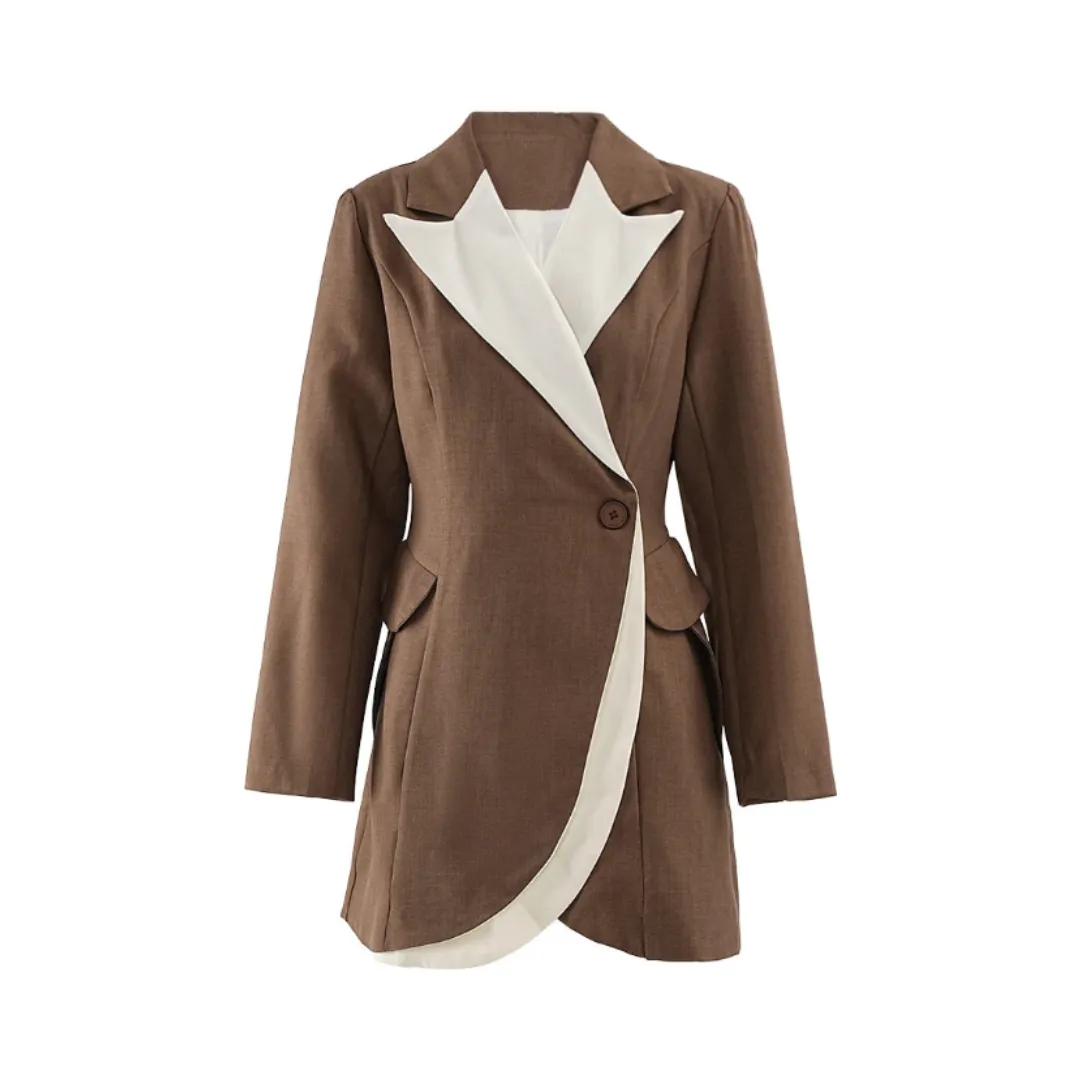 Pre Order:  Slanted Collar Overlapping Color Block Coat