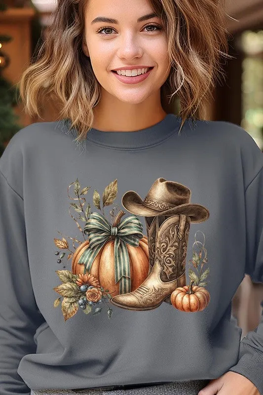 Pumpkin Western Fall Graphic Fleece Sweatshirts