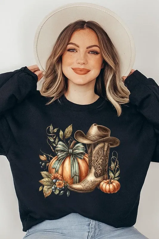 Pumpkin Western Fall Graphic Fleece Sweatshirts