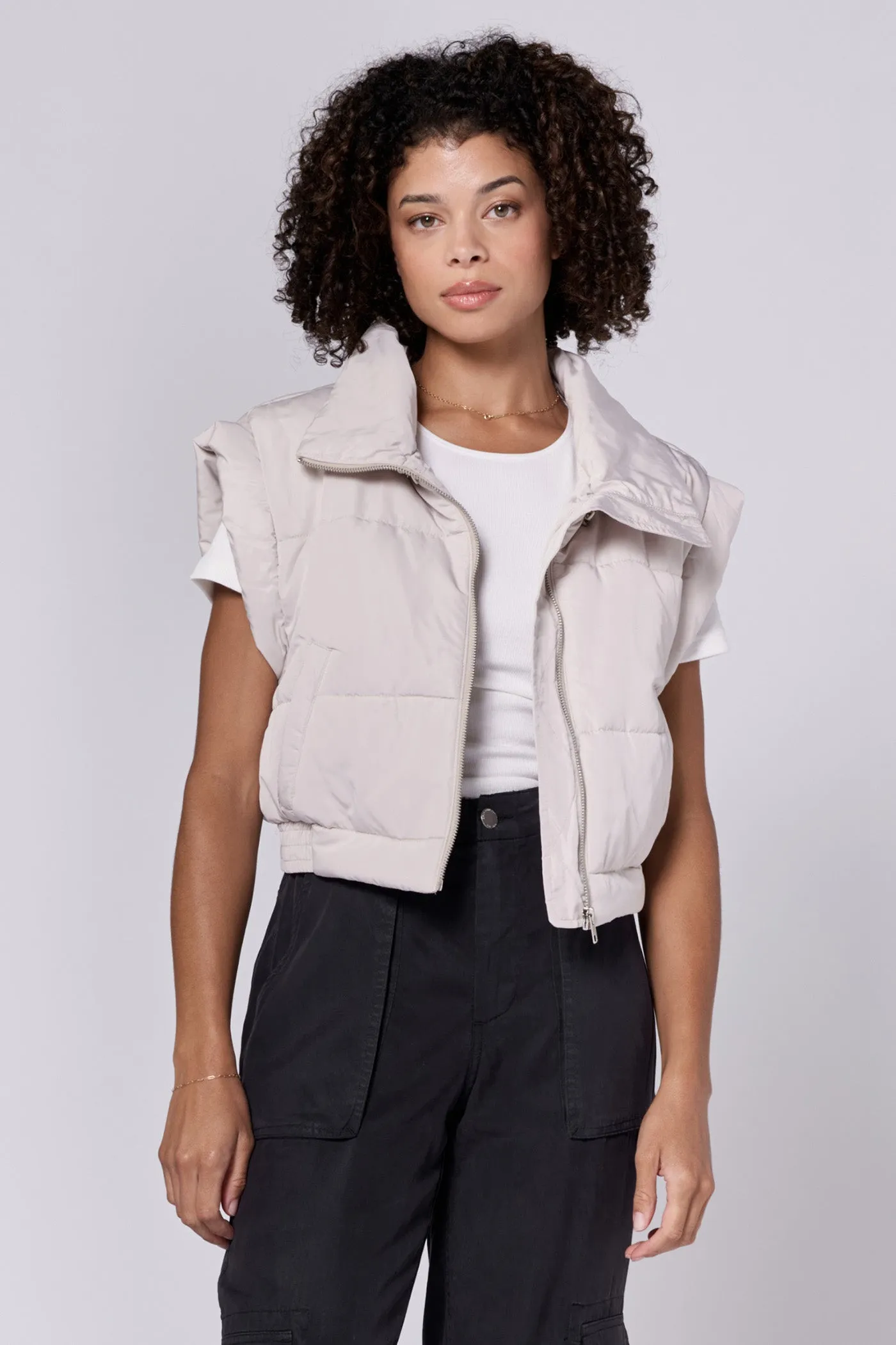 ROSALIA ZIPPER FRONT SLEEVELESS CROPPED FIT VEST STONE