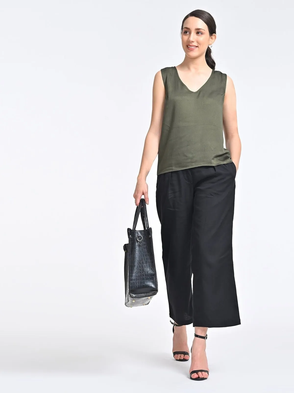 Solid Olive V Neck Top with Black Trousers Coords Set