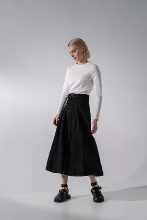 Stitched Pleated Skirt-Black