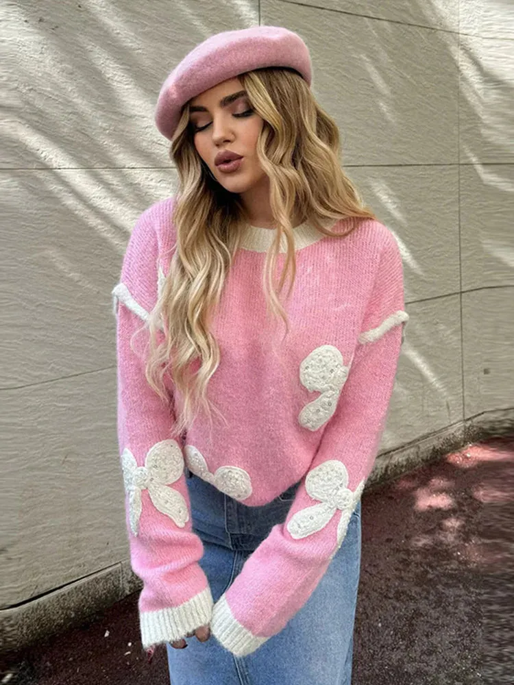 TAVIMART  -  Cute Bow Rhinestone Knitted Women's Pullover Casual Loose Round Neck Long Sleeve Sweater Fashion Soft Comfortable Sweaters