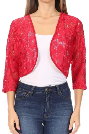 Women's Casual Lace Bolero Crochet Open Cardigan 3/4 Sleeve Sheer Cover Up Jacket