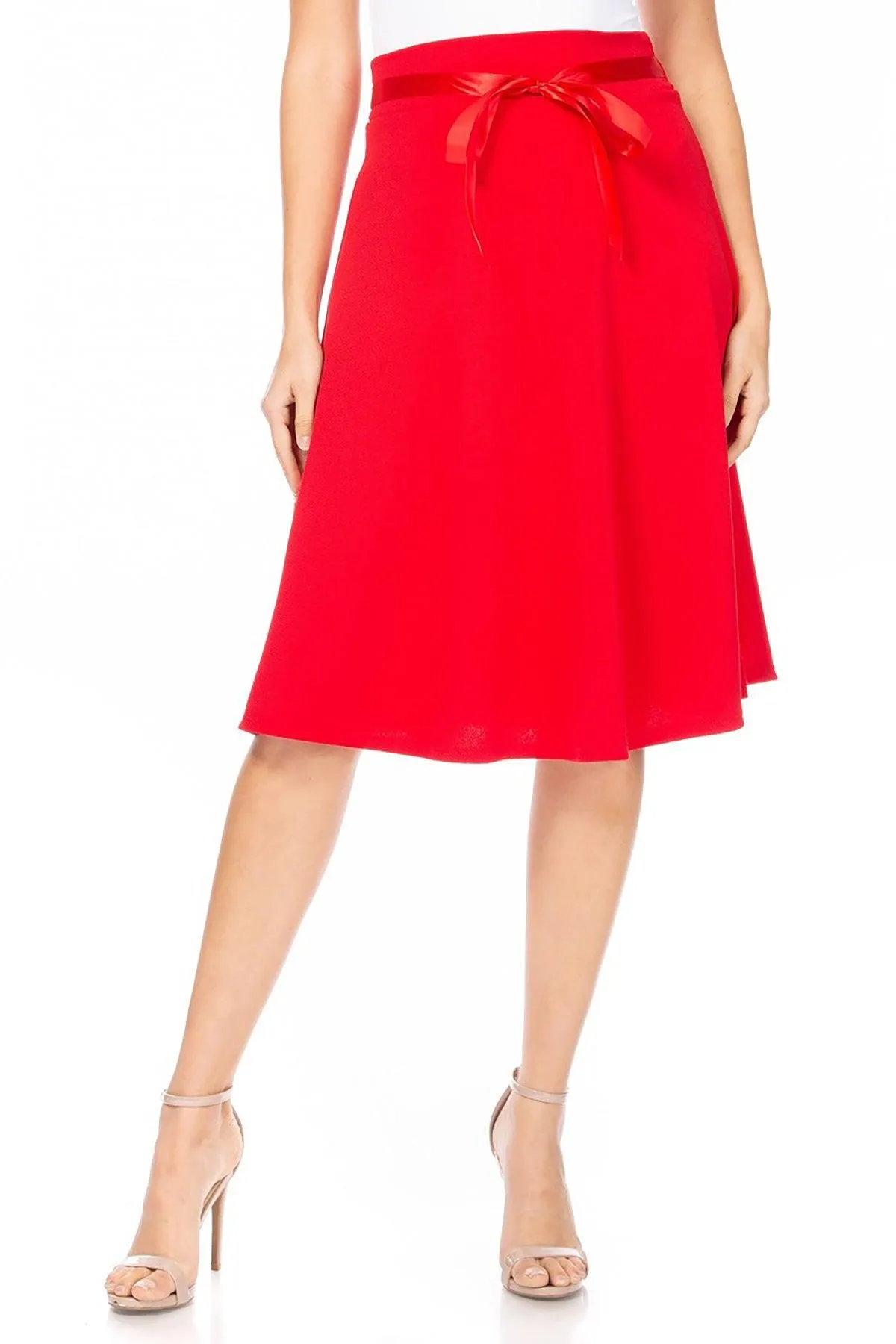 Women's Solid A-line Casual High Waist Bow Tie Belted A Line Midi Knee Length Skirts