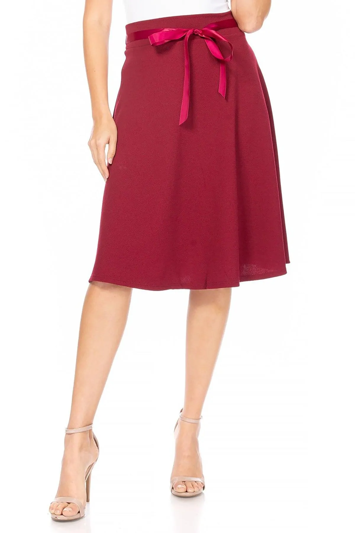 Women's Solid A-line Casual High Waist Bow Tie Belted A Line Midi Knee Length Skirts