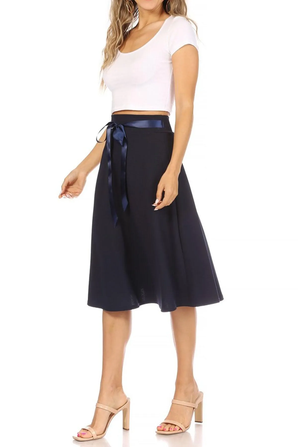 Women's Solid A-line Casual High Waist Bow Tie Belted A Line Midi Knee Length Skirts