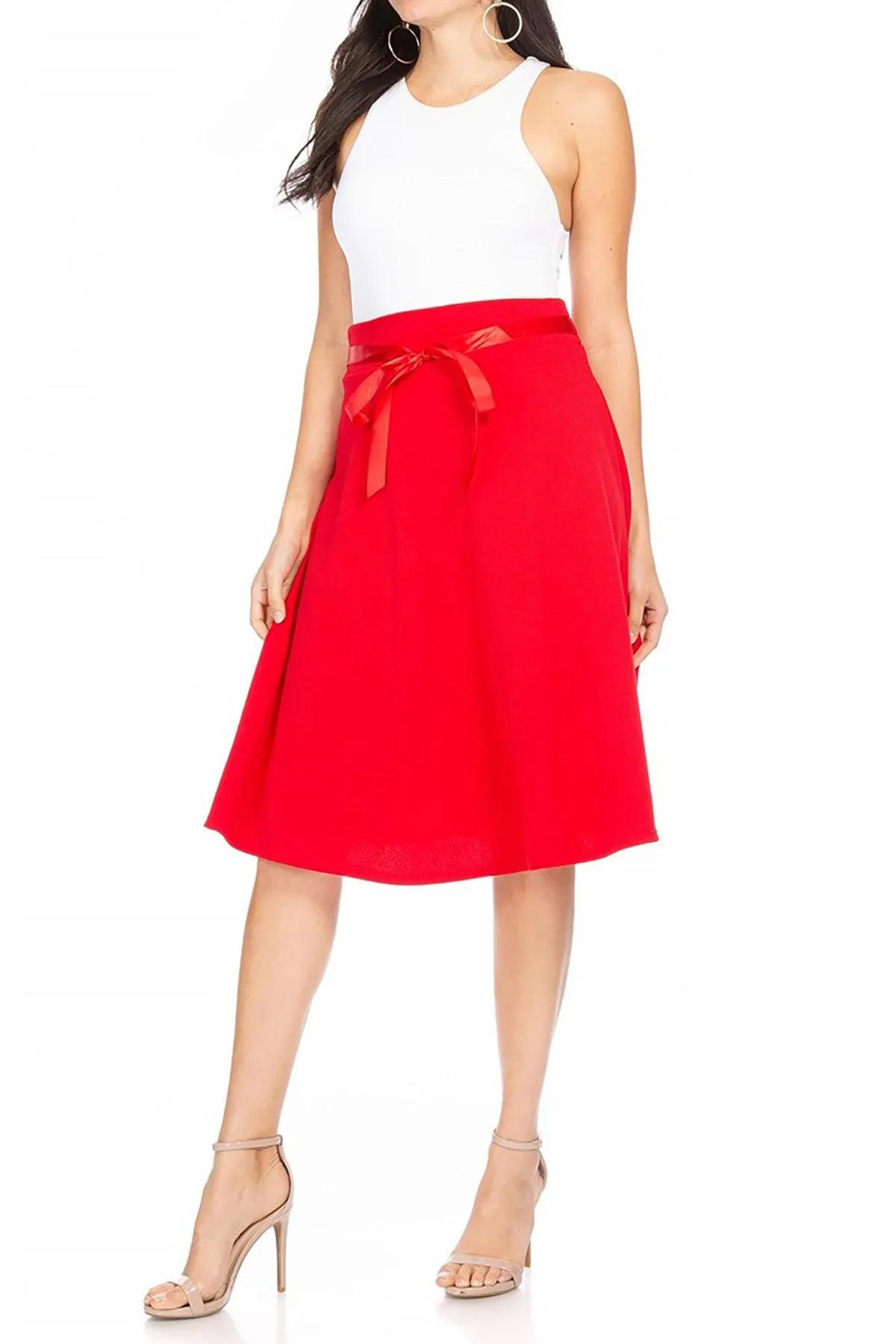 Women's Solid A-line Casual High Waist Bow Tie Belted A Line Midi Knee Length Skirts