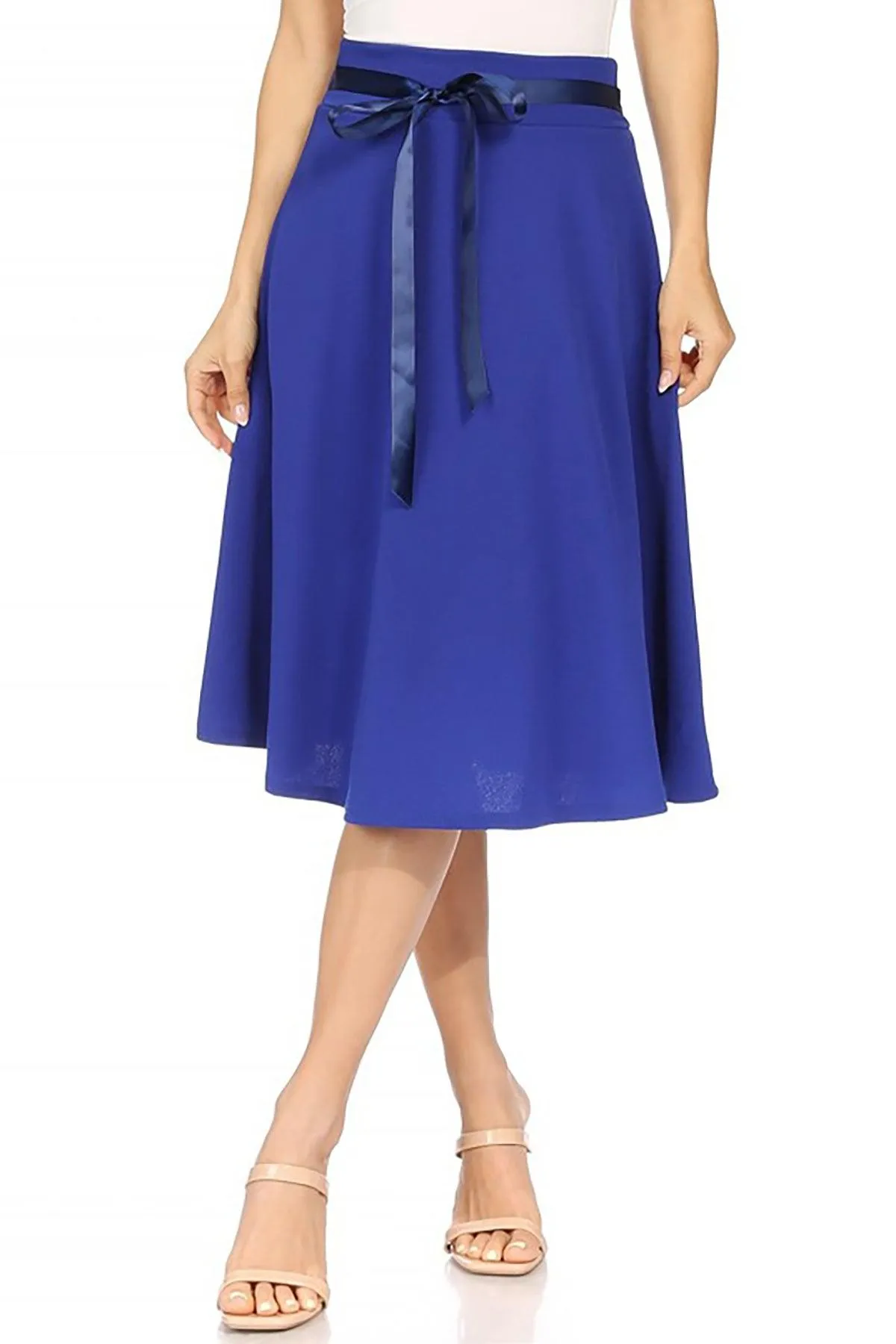 Women's Solid A-line Casual High Waist Bow Tie Belted A Line Midi Knee Length Skirts